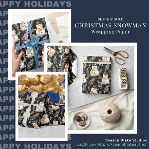 Schwarzes und goldenes Weihnachts-Schneemann-Gesch Geschenkpapier