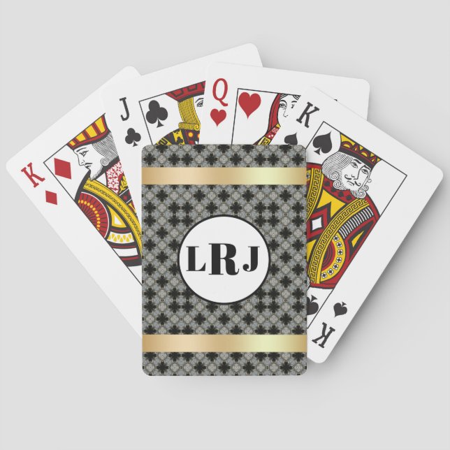 Schwarzes und graues Blumenmuster mit Monogramm Spielkarten (Rückseite)