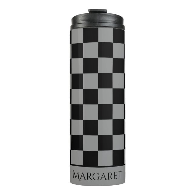 schwarzes und graues kariertes Monogramm Name Thermosbecher (Vorderseite)
