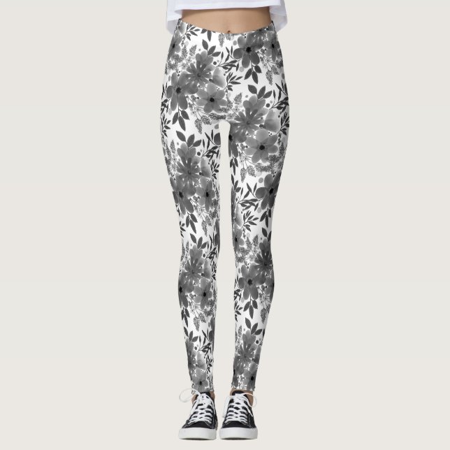 Schwarzes und graues monochromatisches Blumenmuste Leggings (Vorderseite)