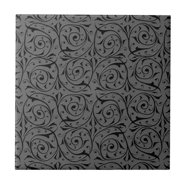 Schwarzes und graues wirbelndes Rebenmuster Fliese (Vorderseite)