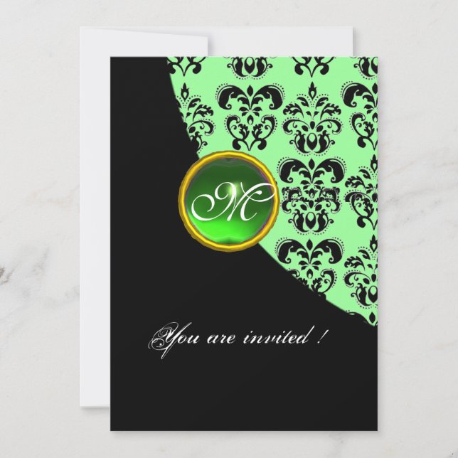 SCHWARZES UND GRÜNES DAMASK-MONOGRAMM, Smaragd Einladung (Vorderseite)
