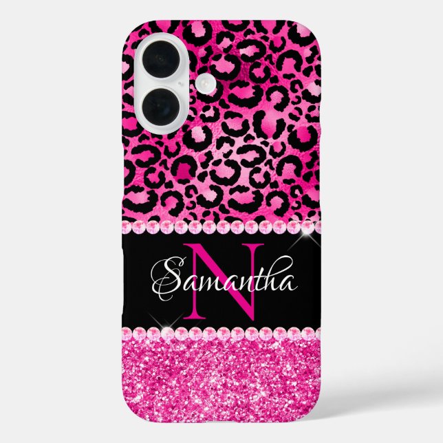 Schwarzes und heißrosa Leoparden-Spot-Glam-Monogra Case-Mate iPhone Hülle (Rückseite)