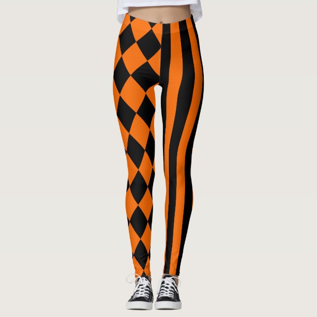 Schwarzes und orange Mischungsmuster Halloweens Leggings (Vorderseite)
