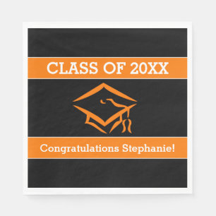 Schwarzes und orange Mortarboard-Abschluss-Party Serviette