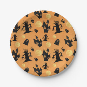 Schwarzes und oranges Halloween Spukhaus  Pappteller
