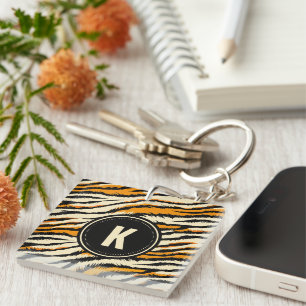 Schwarzes und oranges Tiger-Muster-Monogramm Schlüsselanhänger