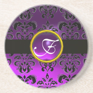 SCHWARZES UND PURPURFARBENES DAMAST Amethyst-Monog Untersetzer