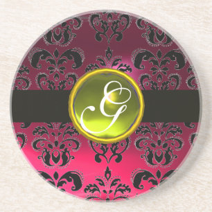 SCHWARZES UND ROSA DAMAST Gelber Topas Monogramm Untersetzer