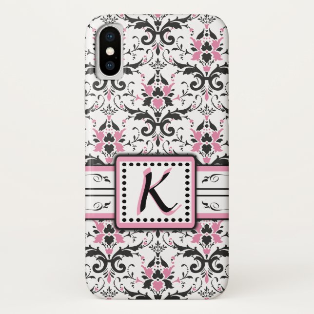 Schwarzes und rosa Damast-Monogramm Case-Mate iPhone Hülle (Rückseite)