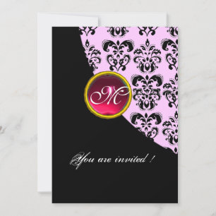 SCHWARZES UND ROSA DAMAST-MONOGRAMM, roter Rubin Einladung