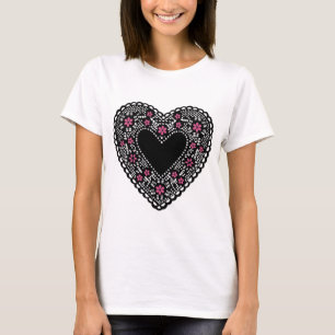 Schwarzes und rosa Spitzenherz T-Shirt