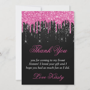Schwarzes und rosa tropfendes Glitter Sweet 16 Dankeskarte