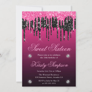 Schwarzes und rosa tropfendes Glitter Sweet Sixtee Einladung