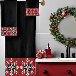 Schwarzes und rotes Medaillon Badhandtuch Set