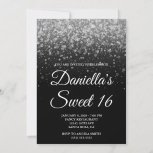 Schwarzes und silbernes Bokeh-Konfetti Sweet 16 Einladung