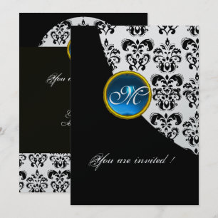 SCHWARZES UND SILBERNES DAMAST-MONOGRAMM,blauer Sa Einladung