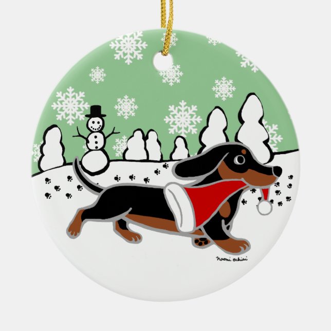 Schwarzes und TAN-Dackel-Weihnachtsbetrieb Keramik Ornament (Vorne)