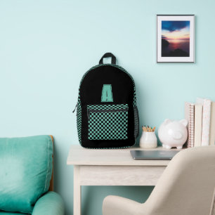 Schwarzes und türkisfarbenes Schachbrett-Monogramm Bedruckter Rucksack