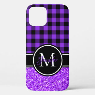 Schwarzes und violettes Glitter-Buffalo-Karo-Monog Case-Mate iPhone Hülle