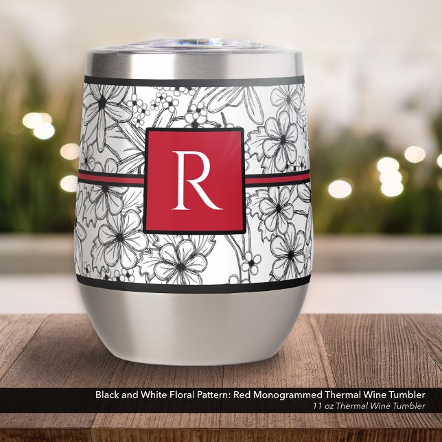 Schwarzes und Weiß-Muster: Mit Monogramm Rotes Mus (Black and White Floral Pattern on an 11 oz Thermal Wine Tumbler with Monogram in Red)