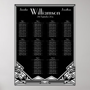 Schwarzes und weißes Art Deco Hochzeitssitzplan Poster