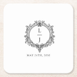 schwarzes und weißes Blattwerk Wappen Hochzeit Rechteckiger Pappuntersetzer