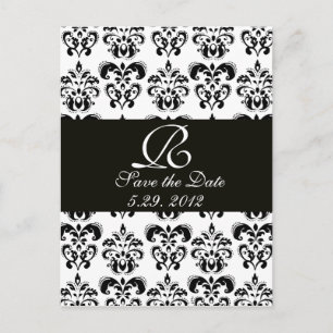 SCHWARZES UND WEISSES DAMASK-MONOGRAMM ANKÜNDIGUNGSPOSTKARTE