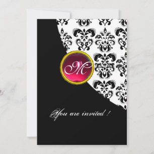 SCHWARZES UND WEISSES DAMASK-MONOGRAMM, rote Rubin Einladung