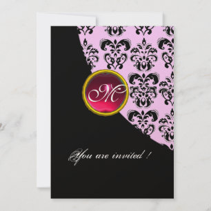 SCHWARZES UND WEISSES DAMASK-MONOGRAMM, rote Rubin Einladung