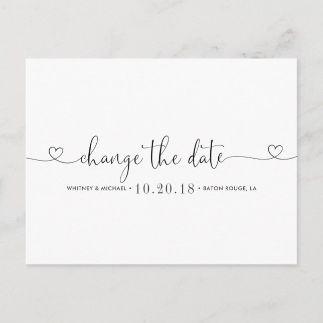 Schwarzes und weißes Herz ändern das Datum Ankündigungspostkarte (Vorderseite)
