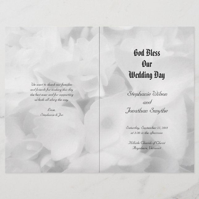 Schwarzes und weißes katholisches Hochzeitsprogram (Vorderseite)