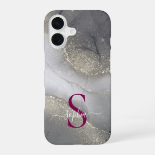 schwarzes und weißes Marmorgold-Glitzer-Monogramm iPhone 16 Hülle