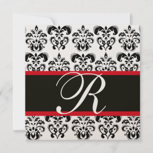 SCHWARZES UND WEISSES ROTES DAMASK-MONOGRAMM EINLADUNG