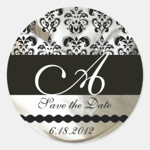SCHWARZES UND WEISSES SILK-DAMASK-KLOSTEMONOGRAMM RUNDER AUFKLEBER
