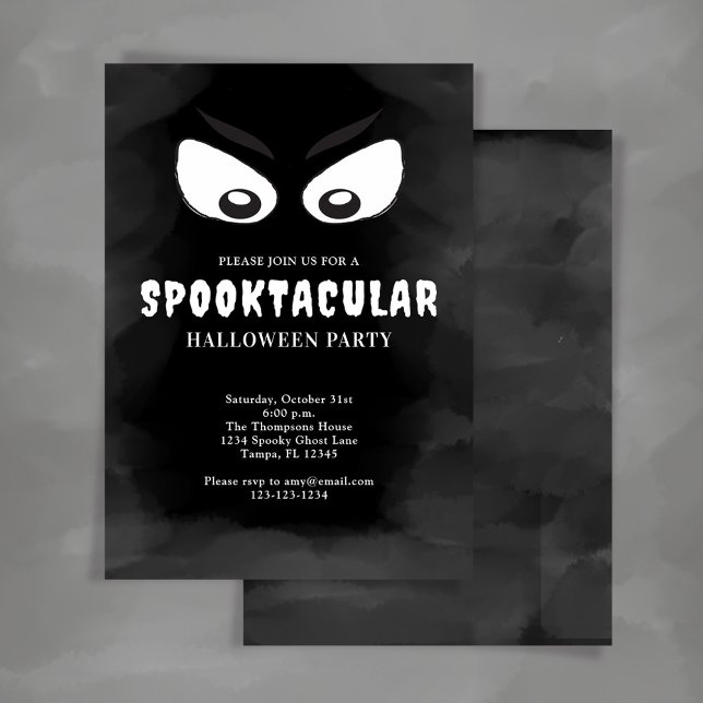 Schwarzes und weißes Spooktacular-Halloween-Party Einladung (Halloween spooktacular party invitation with black and white ghost eyes.)