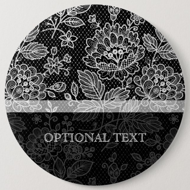 Schwarzes und weißes verziertes vintage Blumen-Spi Button (Vorderseite)
