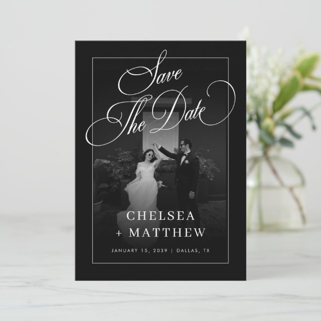 Schwarzes Vintage-Foto dunkle Hochzeit Save The Date (Stehend Vorderseite)