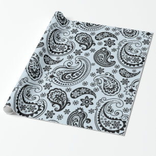 Schwarzes vintage Paisley mit hellblauem Hintergru Geschenkpapier
