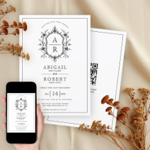 Schwarzes Vintage-Wappen-Monogramm QR-Code Hochzei