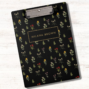 Schwarzes Vintage-Wildblumen-Blumenmuster Klemmbrett