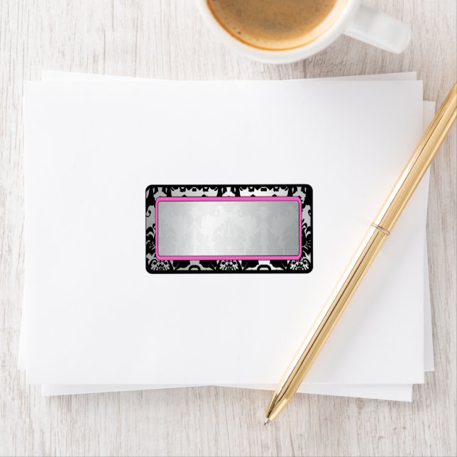 Schwarzes Vintages Damaskotel, rosa und silberfarb Adressaufkleber (Insitu)