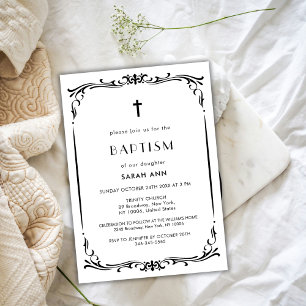 Schwarzes Vintages Frame Taufe Christening Cross Einladung