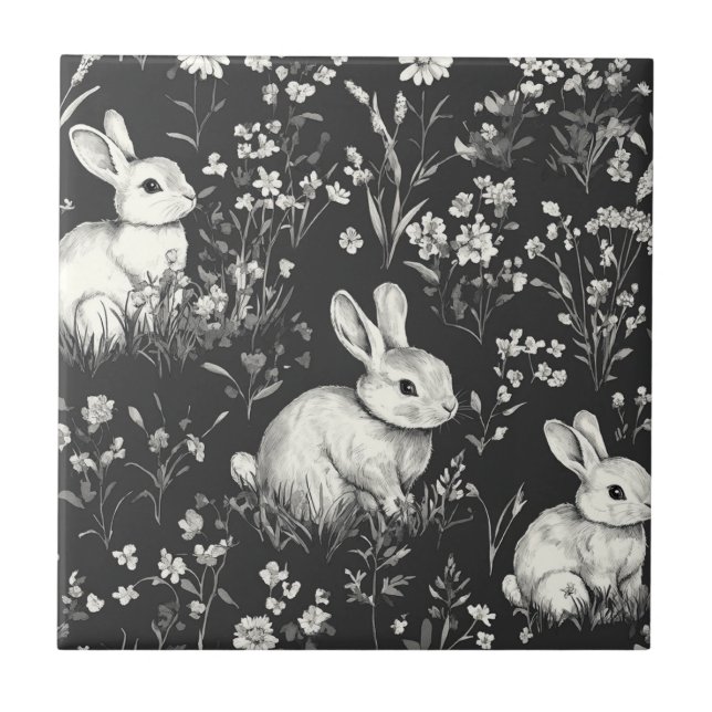 Schwarzes Waldkaninchen-Botanikmuster Fliese (Vorderseite)