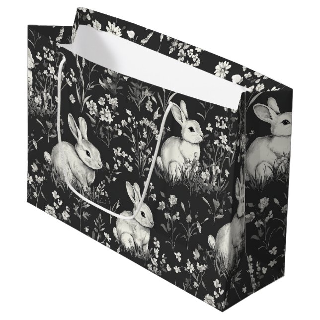 Schwarzes Waldkaninchen-Botanikmuster Große Geschenktüte (Vorderseite Schrägansicht)