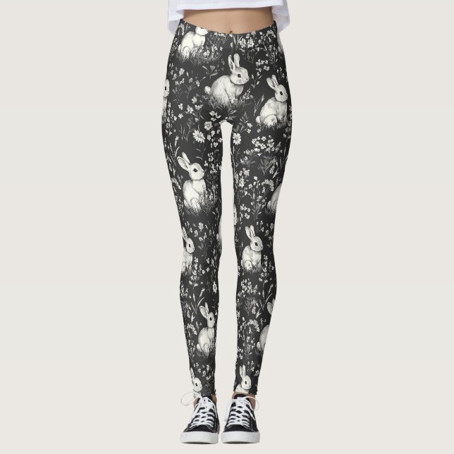 Schwarzes Waldkaninchen-Botanikmuster Leggings (Vorderseite)