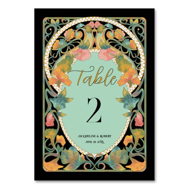 Schwarzes Wasser Jugendstil Hochzeit Tischnummer (Vorderseite)