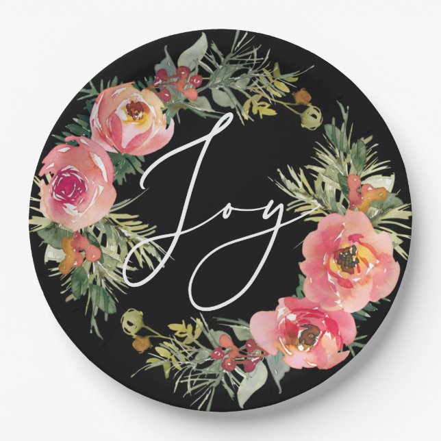 Schwarzes Weihnachten. Elegant Joy Script Floral H Pappteller (Vorderseite)