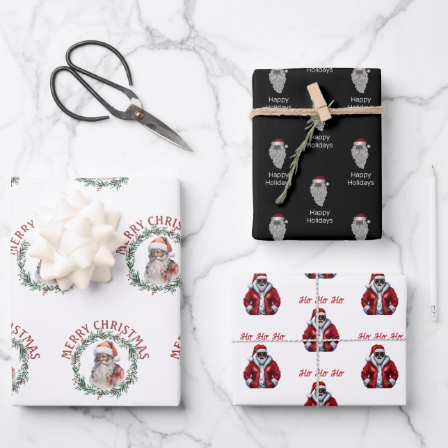 Schwarzes Weihnachtsmuster Afrikanisches Weihnacht Geschenkpapier Set (Vorderseite)