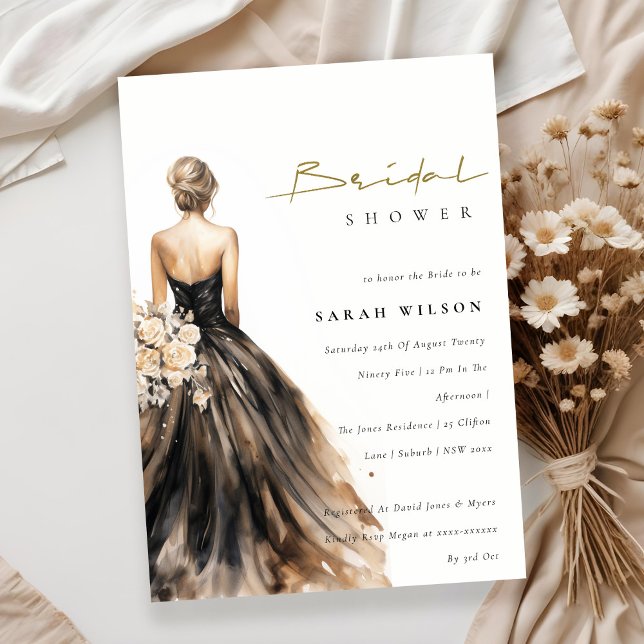 Schwarzes Weiß Wasserfarbe Hochzeitskleid Brautpar Einladung (Von Creator hochgeladen)